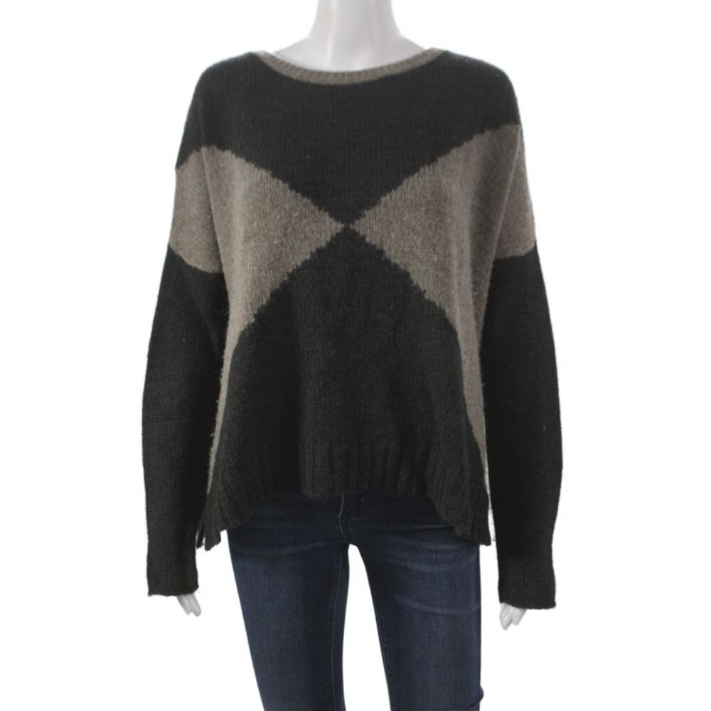 360 Sweater Women Pullover Sweater Argyle Diamond Black Long Sleeve Size S